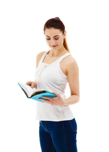 Mooie Vrouw Met Natuurlijke Make Poseren Met Kleurrijke Boek Geïsoleerd — Stockfoto