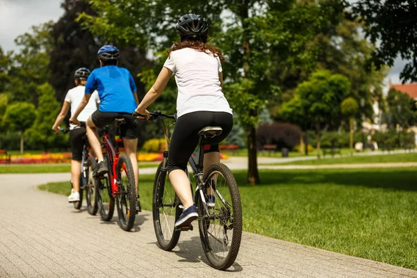 Famiglia Tre Biciclette Equitazione Nel Parco Estivo — Foto Stock