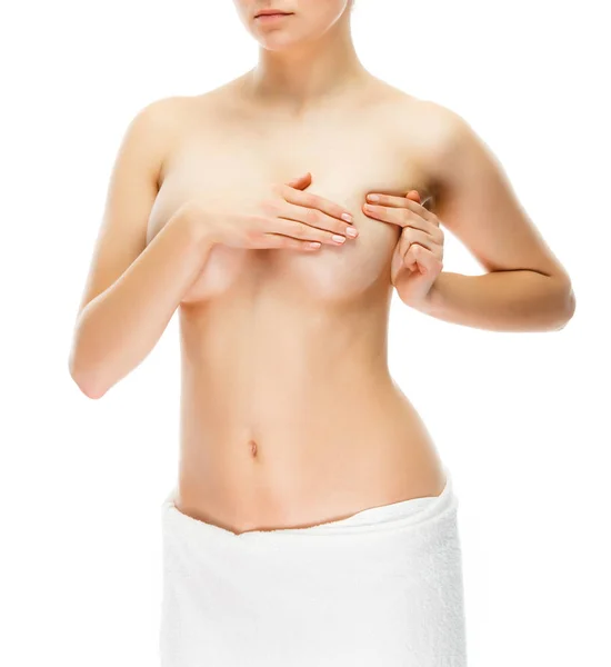 年轻的赤裸的妇女检查乳房 — 图库照片