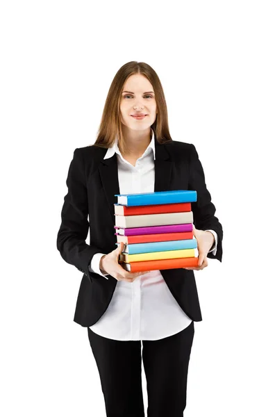 Frau Anzug Posiert Mit Büchern Auf Weißem Kopierraum Hintergrund — Stockfoto