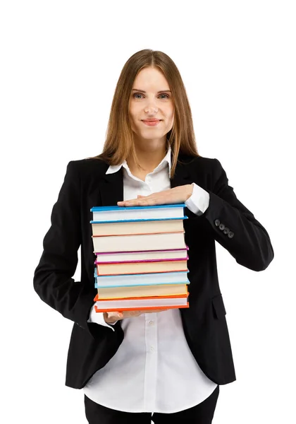 女性でスーツ姿で本とともにホワイトコピースペース背景 — ストック写真
