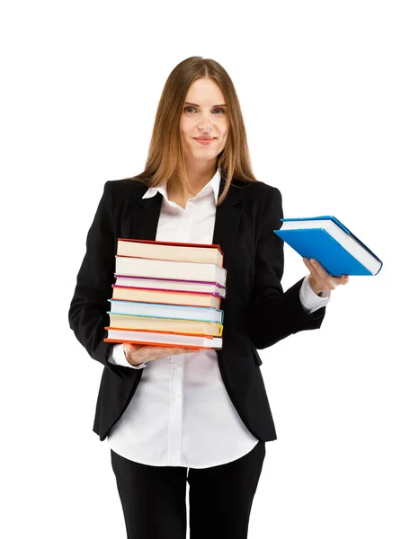 Mulher Terno Posando Com Livros Fundo Espaço Cópia Branca — Fotografia de Stock