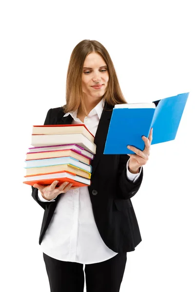 Mulher Terno Posando Com Livros Fundo Espaço Cópia Branca — Fotografia de Stock