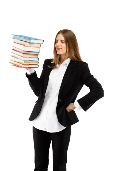 Woman Suit Posing Books White Copy Space Background — Stock Photo, Image