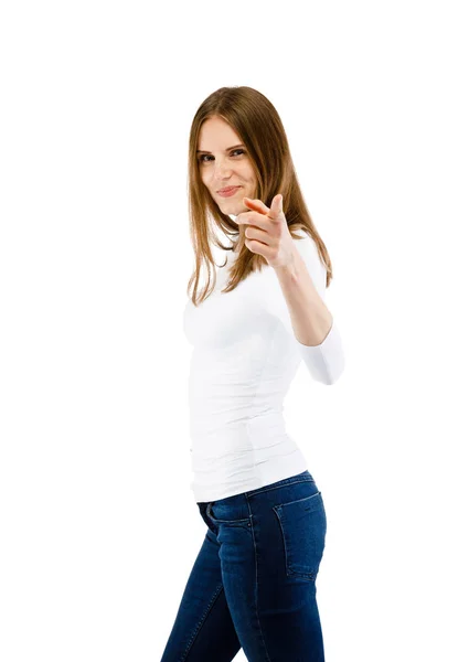 Mujer Linda Posando Gesto Aislado Sobre Fondo Blanco — Foto de Stock