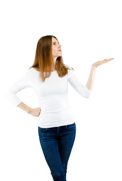 Cute Woman Posing Gesturing Isolated White Background — Stock Photo, Image