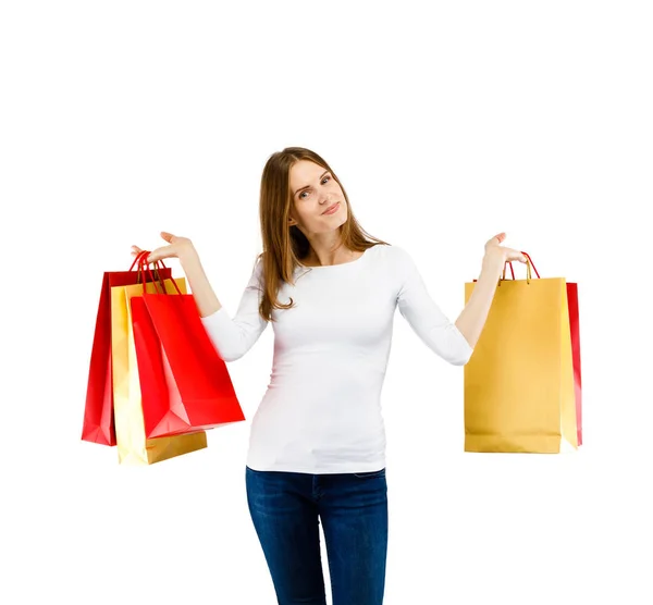 Leuke Vrouw Houden Boodschappentassen Geïsoleerd Witte Achtergrond — Stockfoto