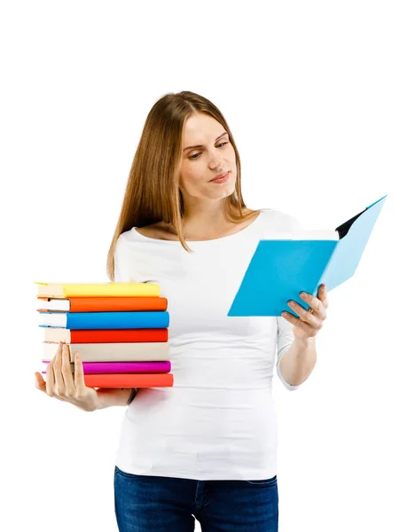 Frau Posiert Mit Büchern Auf Weißem Hintergrund Kopierraum — Stockfoto