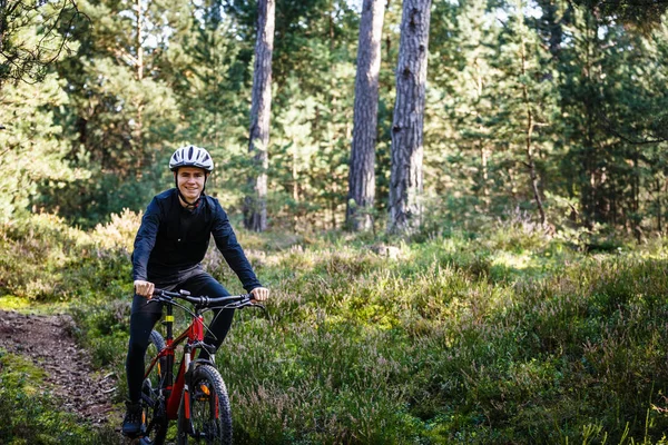 Young Man Riding Bike Forest — Stock Photo, Image