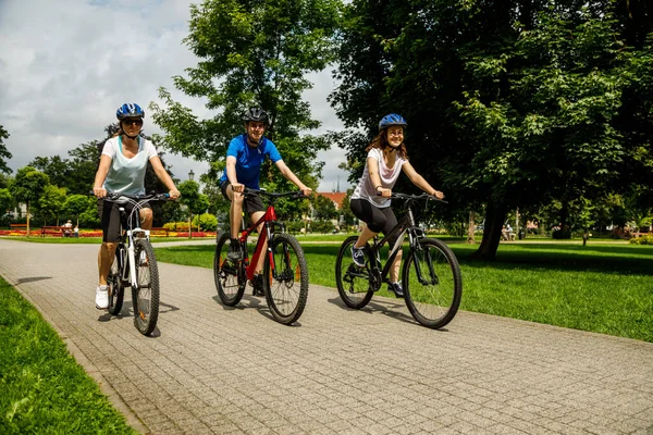 Aktive Familien Fahren Fahrräder Sommerpark Mit Bunten Blumen Hintergrund — Stockfoto