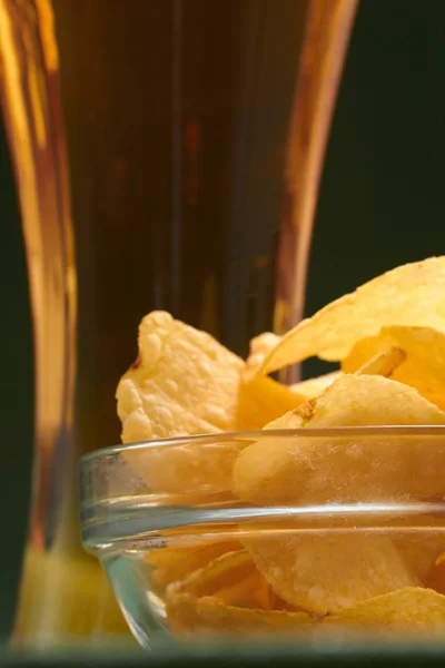 Crunchy Potato Chips Glass Beer — Stock Photo, Image