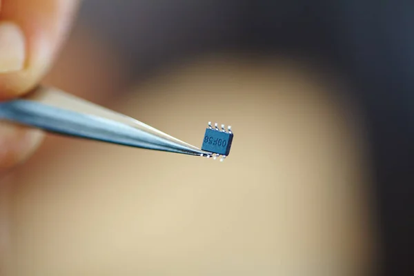 microchip with tweezers close up