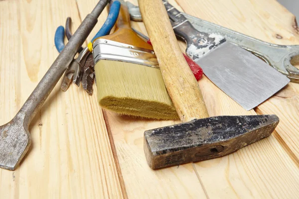Conjunto de ferramentas sobre a madeira — Fotografia de Stock