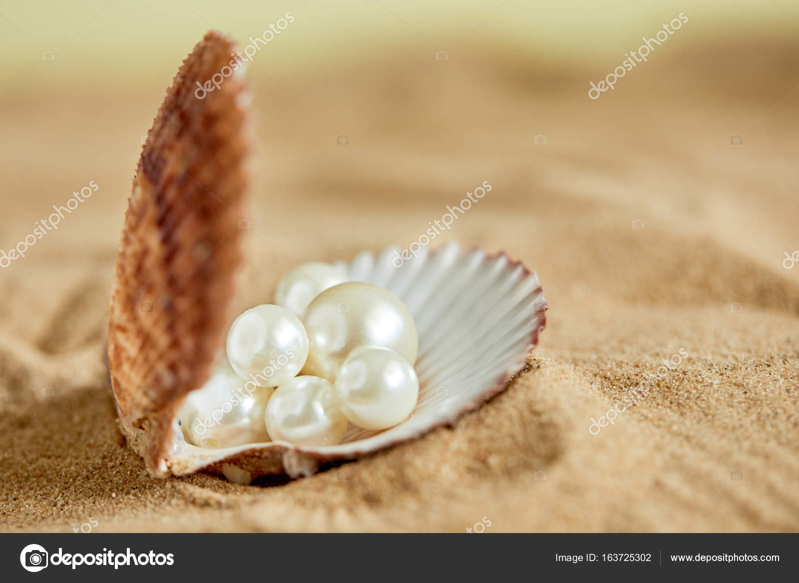 Pearls in open shell on beach Stock Photo by ©strelok 163725302