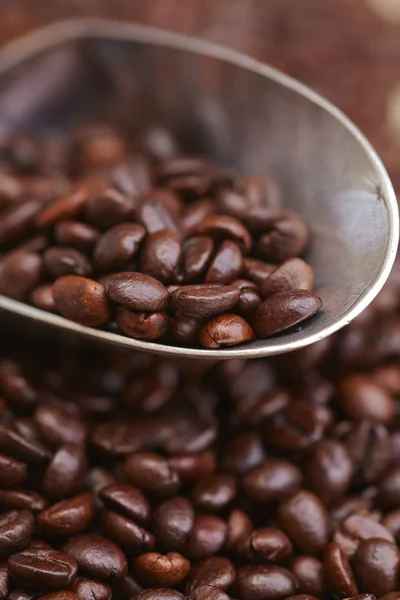 Kaffeebohnen mit Metallschale — Stockfoto