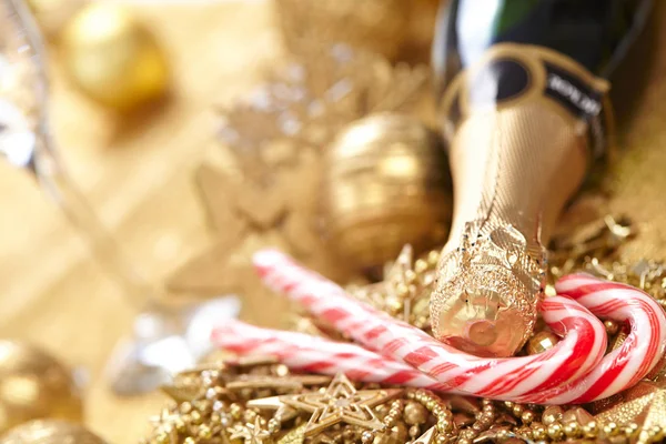 Champagne bottle with christmas decoration — Stock Photo, Image