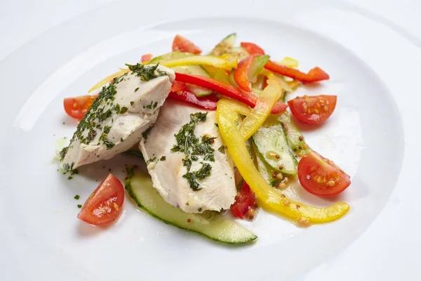 Tasty Chicken Vegetables White Plate — Stock Photo, Image