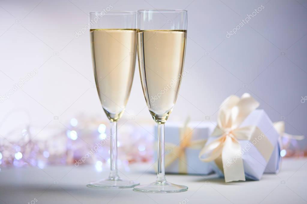 new year decorations with champagne wineglasses, holiday concept