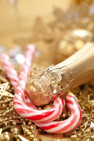 Candy Canes Christmas Decorations Champagne Bottle Holiday Concept — Stock Photo, Image