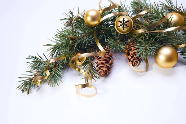 Christmas Tree Branch Golden Balls Ribbons — Stock Photo, Image