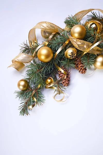 Christmas Tree Branch Golden Balls Ribbons — Stock Photo, Image