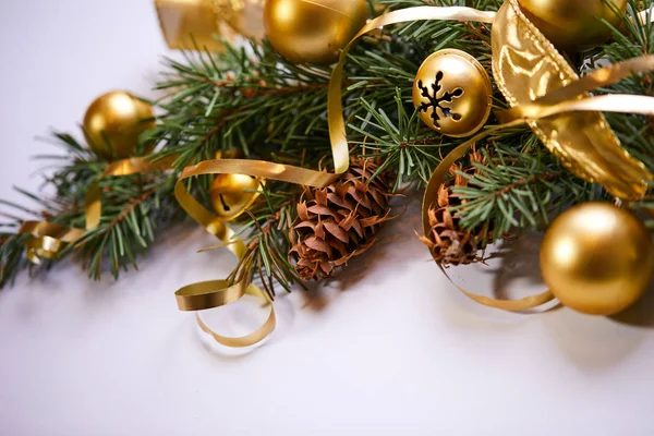 Christmas Tree Branch Golden Balls Ribbons — Stock Photo, Image