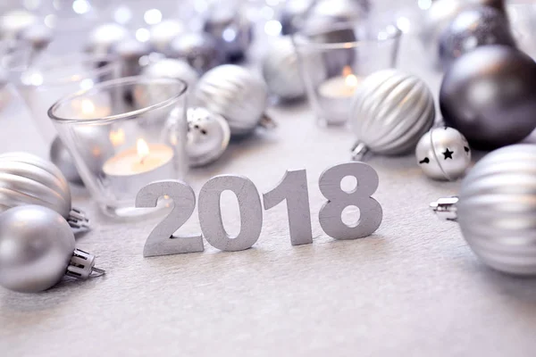 Nouvelle Année Chiffres Décoratifs 2018 Avec Boules Argent Noël — Photo