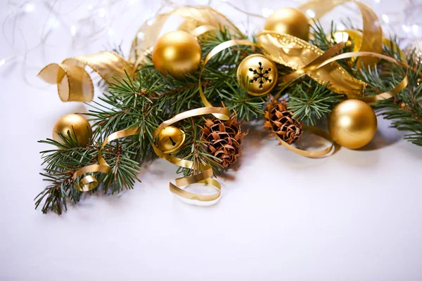 Christmas Tree Branch Golden Balls Ribbons — Stock Photo, Image