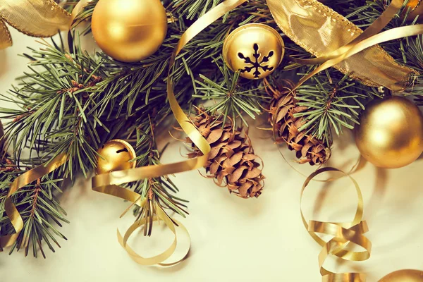 Christmas Tree Branch Golden Balls Ribbons — Stock Photo, Image