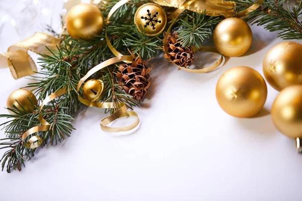 Christmas Tree Branch Golden Balls Ribbons — Stock Photo, Image