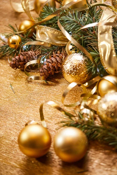 Christmas Tree Branch Golden Balls Ribbons — Stock Photo, Image