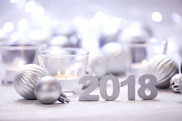 Nouvelle Année Chiffres Décoratifs 2018 Avec Boules Argent Noël — Photo