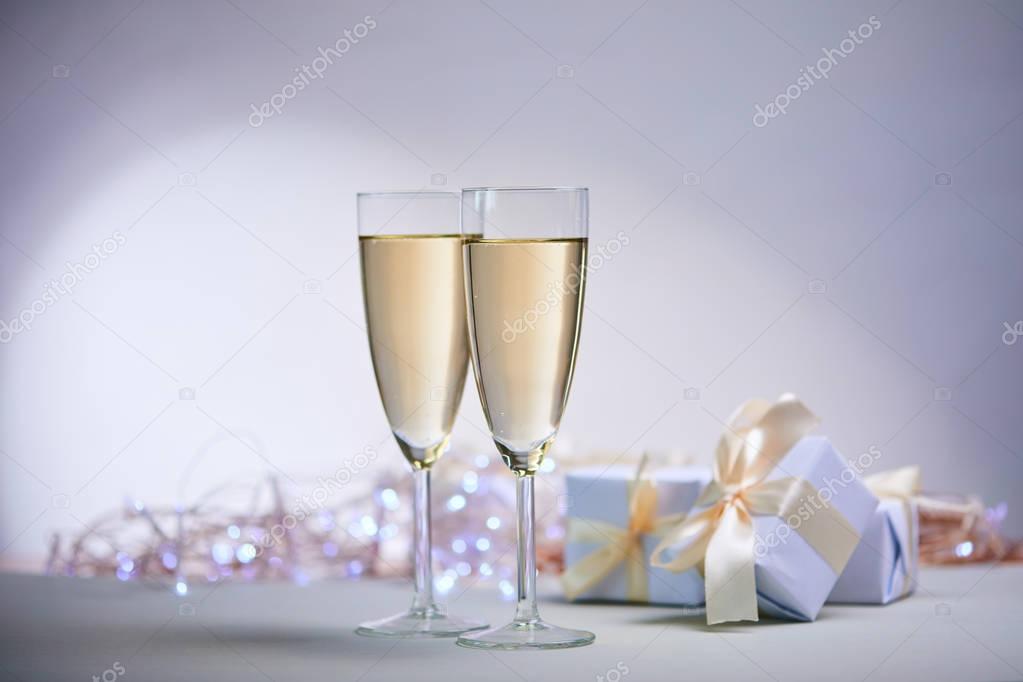 new year decorations with champagne wineglasses, holiday concept