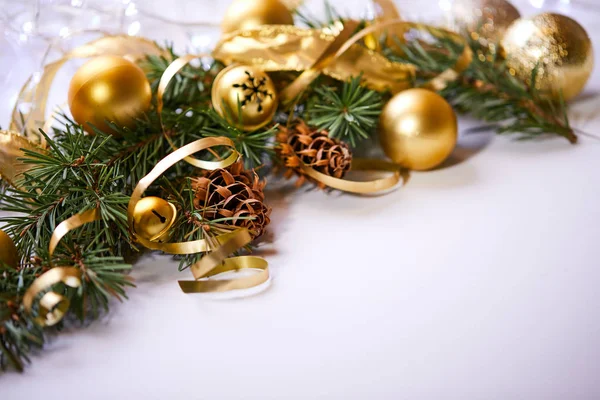 Christmas Tree Branch Golden Balls Ribbons — Stock Photo, Image