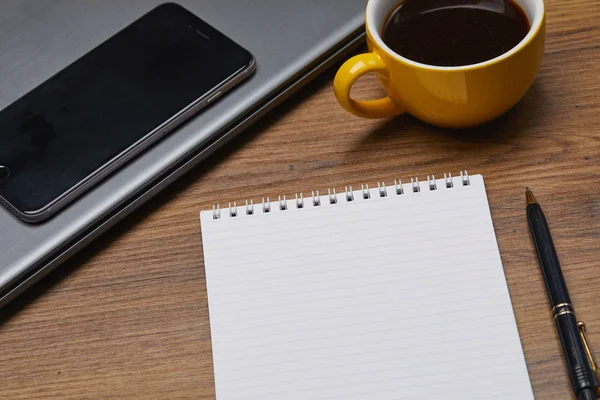 Empty Notepad Coffee Cup Phone Table — Stock Photo, Image