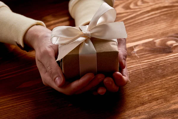 Hands Holding Handmade Gift Box Close — Stock Photo, Image