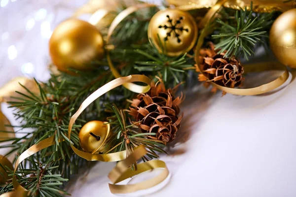 Christmas Tree Branch Golden Balls Ribbons New Year Christmas Concept — Stock Photo, Image