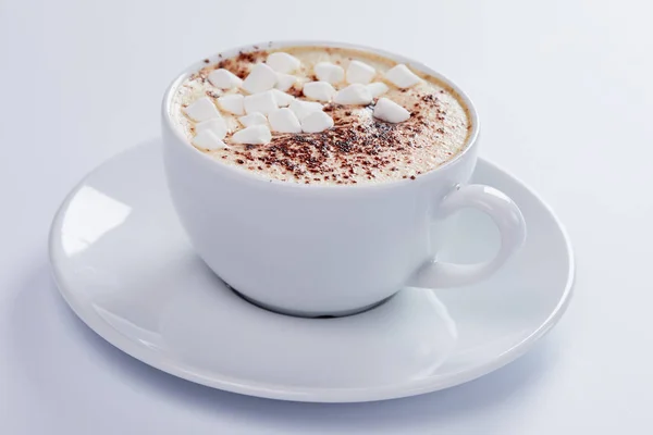 Taza Con Capuchino Caliente Malvavisco Sobre Fondo Blanco — Foto de Stock