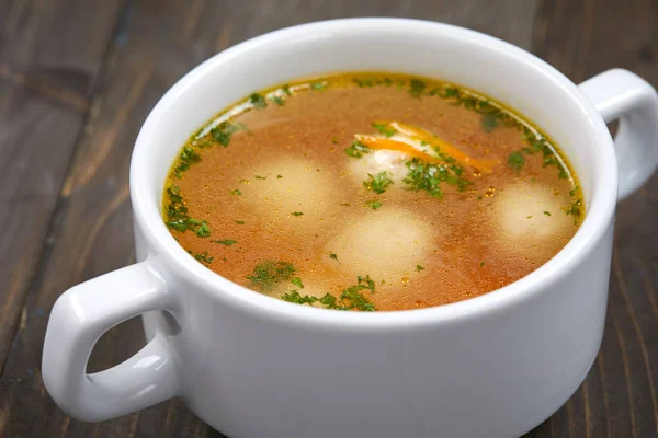 Sopa Caliente Con Albóndigas Tazón Blanco — Foto de Stock