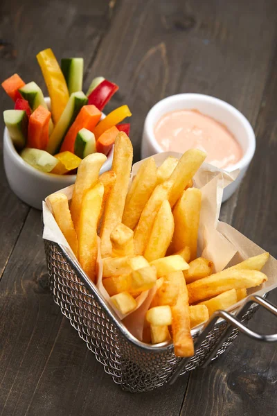 Hot French Fries Iron Basket Vegetables White Bowl — Stock Photo, Image