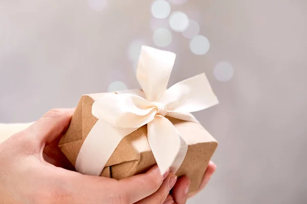 Hands Holding Handmade Gift Box Close — Stock Photo, Image