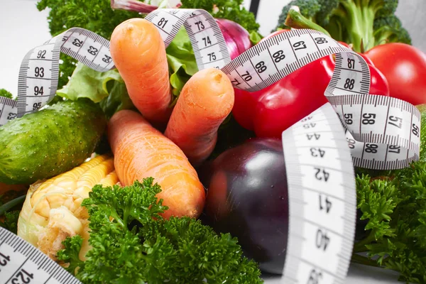 Fresh Vegetables Measuring Tape Close — Stock Photo, Image