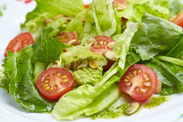 Salada Fresca Com Tomates Prato Branco Close — Fotografia de Stock