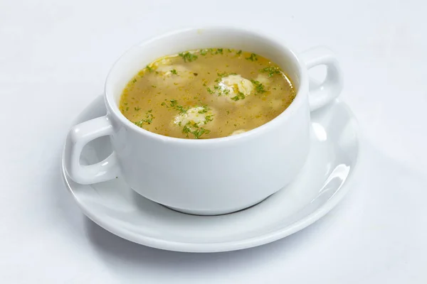 Zuppa Con Polpette Ciotola Bianca Primo Piano — Foto Stock