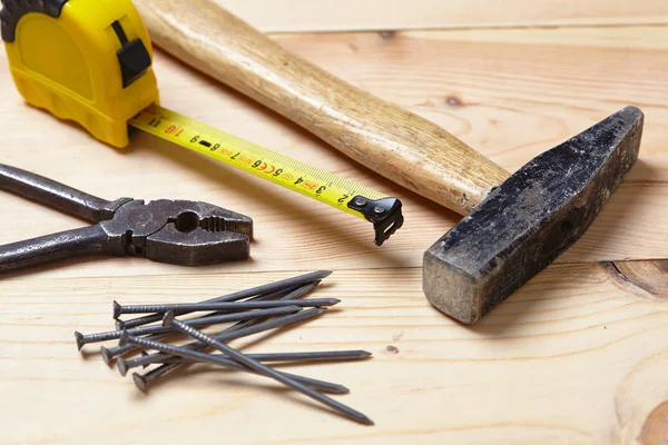 Conjunto Herramientas Construcción Sobre Fondo Madera — Foto de Stock