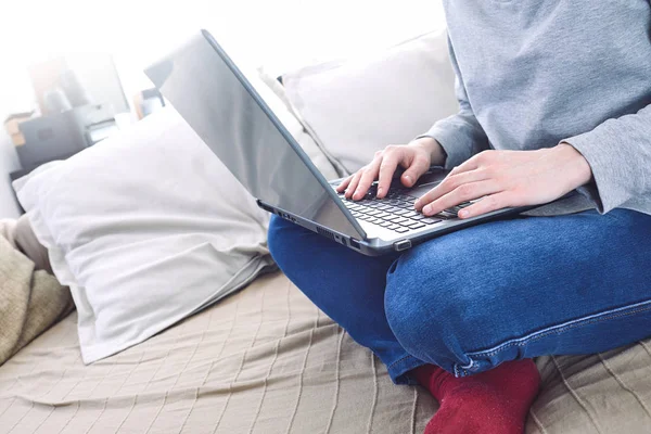 Man Sitting Sofa Using Laptop Close — Stock Photo, Image