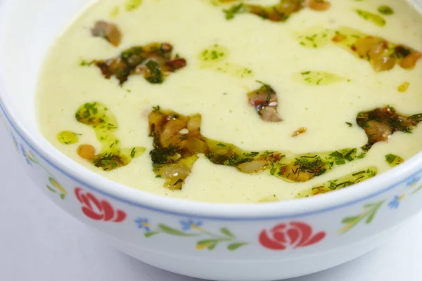 Cream soup in white bowl, close-up — Stock Image Cream Soup White Bowl Close Royalty Free Stock Photos