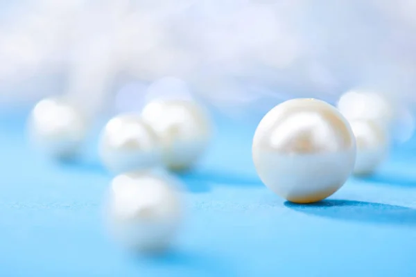 Beautiful Rare Pearls Blue Background — Stock Photo, Image