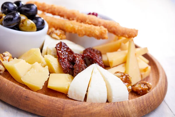 Cheese Plate Olives Sauce Bowl Close — Stock Photo, Image