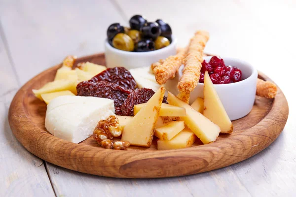 Cheese Plate Olives Sauce Bowl Close — Stock Photo, Image